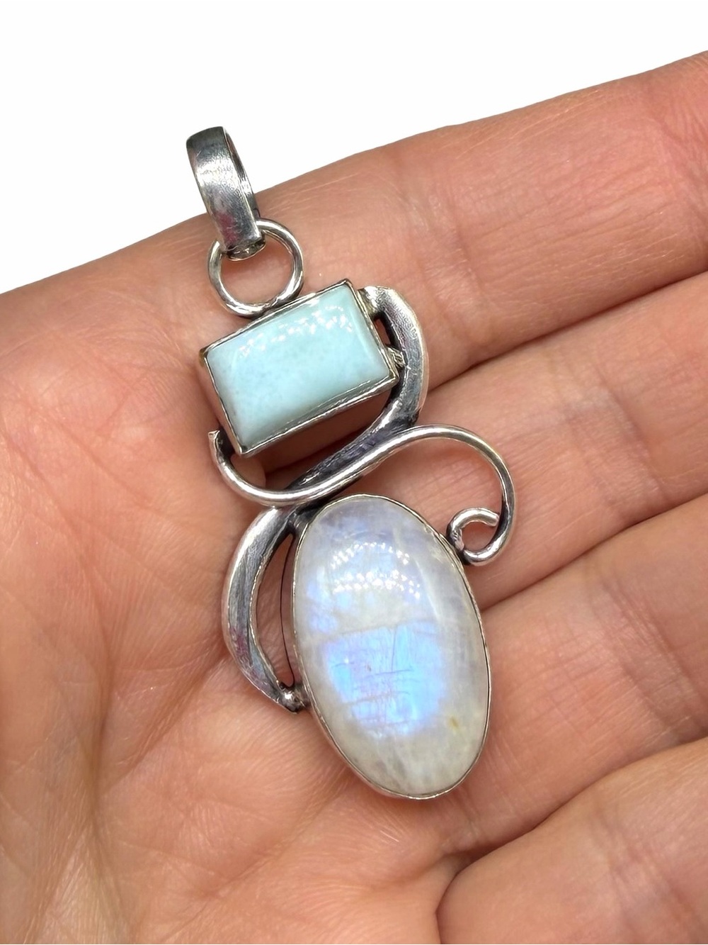 Rainbow Moonstone & Larimar Necklace Pendant 925 Sterling Silver Overlay
